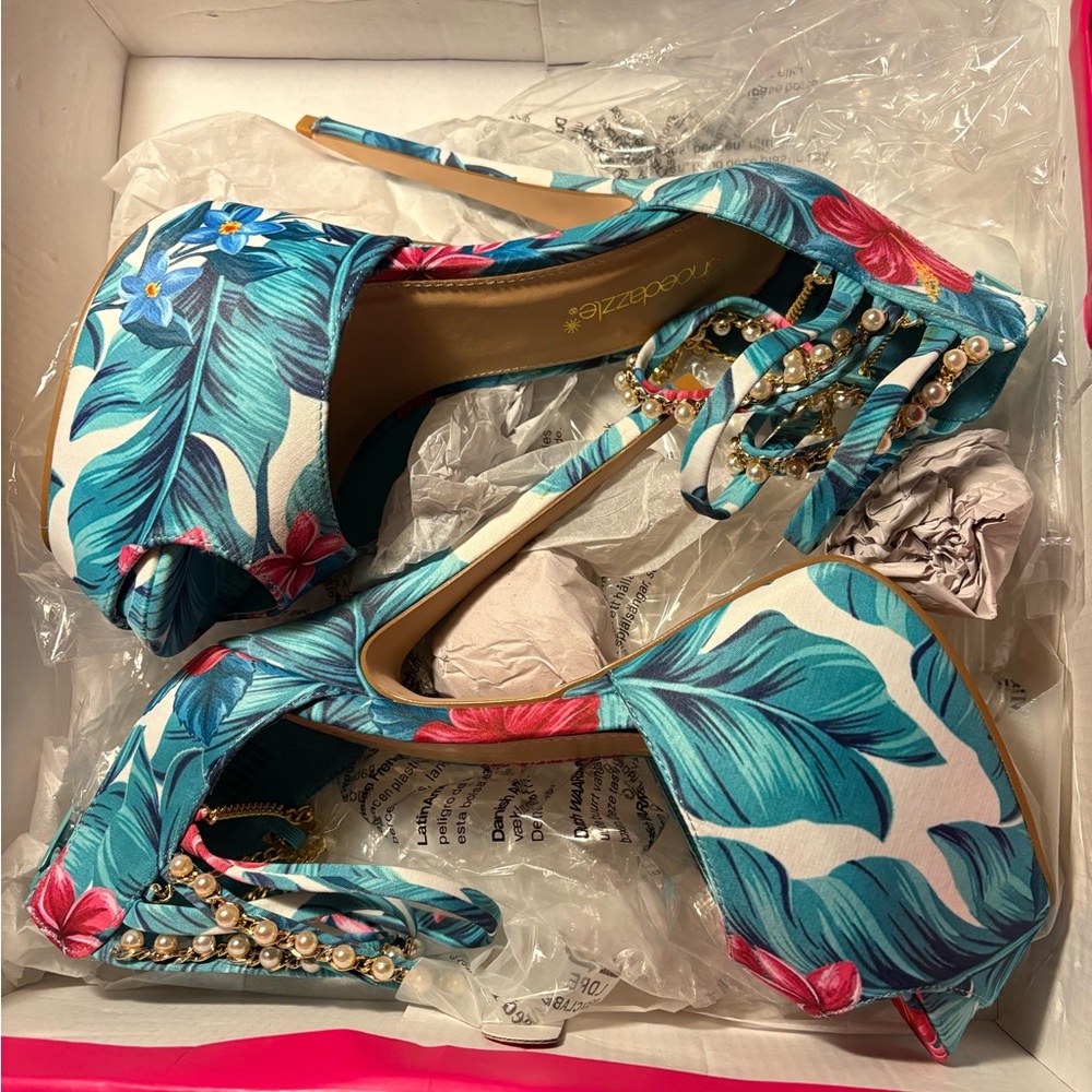 Shoe Dazzle Tropical Floral Heels - Blue and Pink